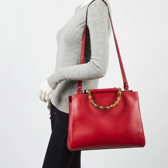 Gucci Red Smooth Calfskin Leather Nymphaea Medium Top Handle Bag - Picture 2 of 10